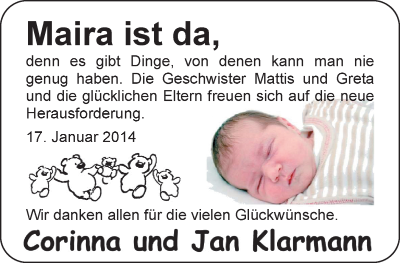 Anzeige für Maira Klarmann vom 01.02.2014 aus Nordwest-Zeitung