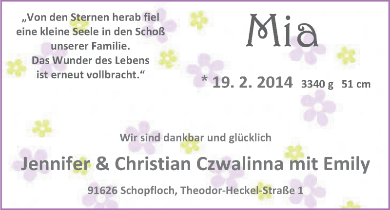 Anzeige für Mia Czwalinna vom 01.03.2014 aus Nordwest-Zeitung