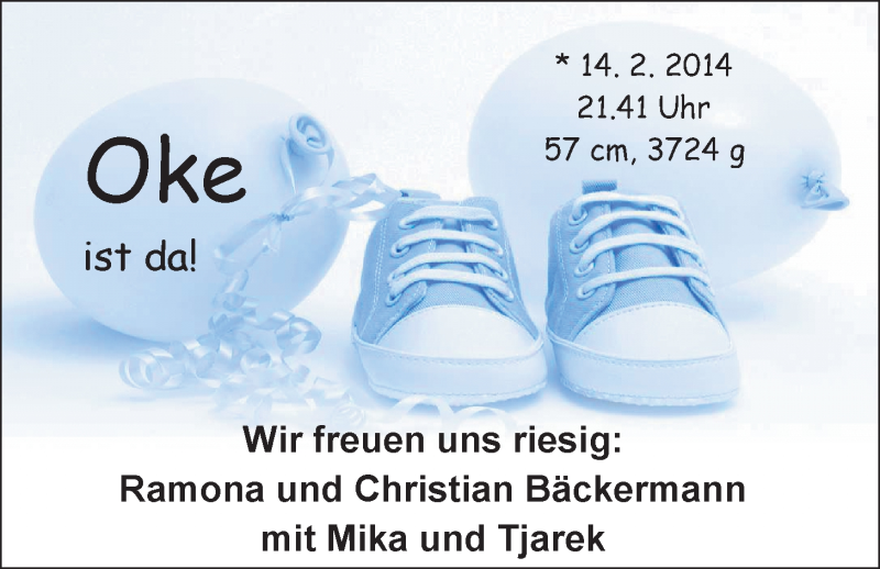 Anzeige für Oke Bäckermann vom 08.03.2014 aus Nordwest-Zeitung