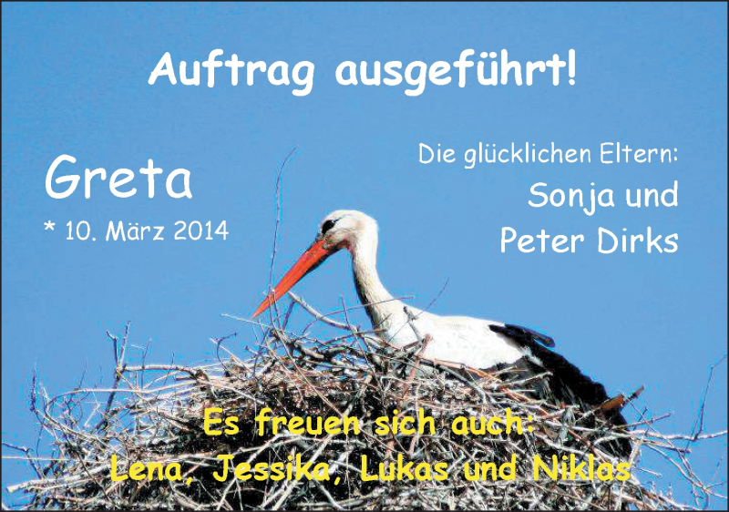 Anzeige für Greta Dirks vom 15.03.2014 aus Nordwest-Zeitung