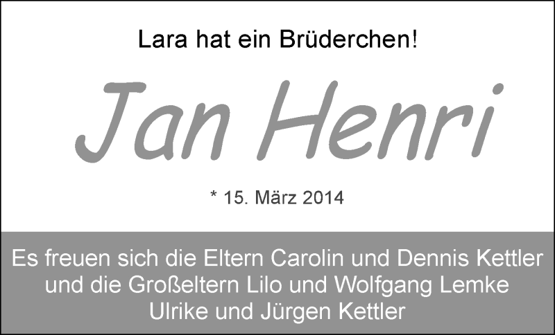 Anzeige für Jan Henri Kettler vom 29.03.2014 aus Nordwest-Zeitung