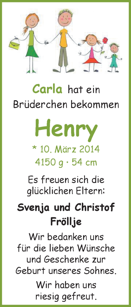 Anzeige für Henry Fröllje vom 31.03.2014 aus Nordwest-Zeitung