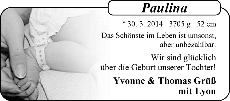 Anzeige für Paulina Grüß vom 07.04.2014 aus Nordwest-Zeitung
