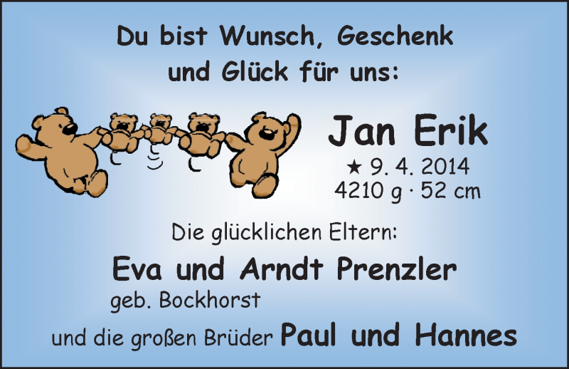 Anzeige für Jan Erik Prenzler vom 12.04.2014 aus Nordwest-Zeitung