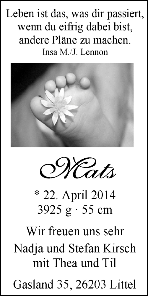 Anzeige für Mats Kirsch vom 10.05.2014 aus Nordwest-Zeitung
