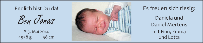 Anzeige für Ben Jonas  vom 17.05.2014 aus Nordwest-Zeitung