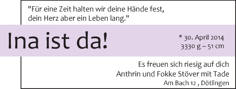 Anzeige für Ina Stöver vom 17.05.2014 aus Nordwest-Zeitung