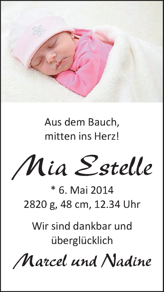 Anzeige für Mia Estelle  vom 28.05.2014 aus Nordwest-Zeitung
