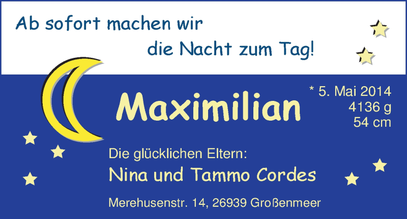 Anzeige für Maximilian Cordes vom 31.05.2014 aus Nordwest-Zeitung