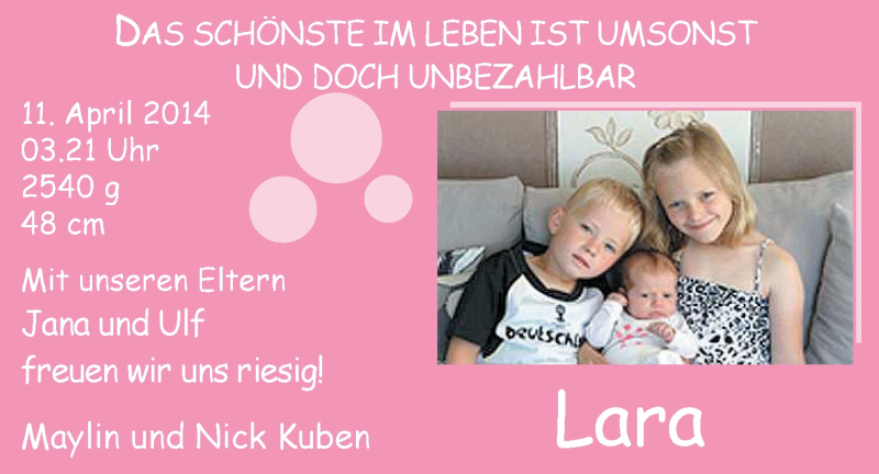 Anzeige für Lara Kuben vom 07.06.2014 aus Nordwest-Zeitung
