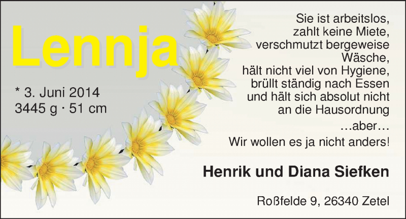 Anzeige für Lennja Siefken vom 21.06.2014 aus Nordwest-Zeitung
