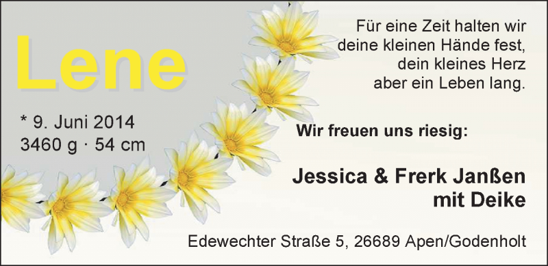 Anzeige für Lene Janßen vom 21.06.2014 aus Nordwest-Zeitung