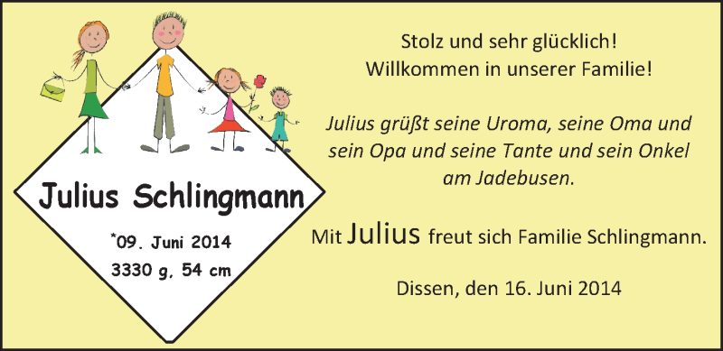 Anzeige für Julius Schlingmann vom 21.06.2014 aus Nordwest-Zeitung