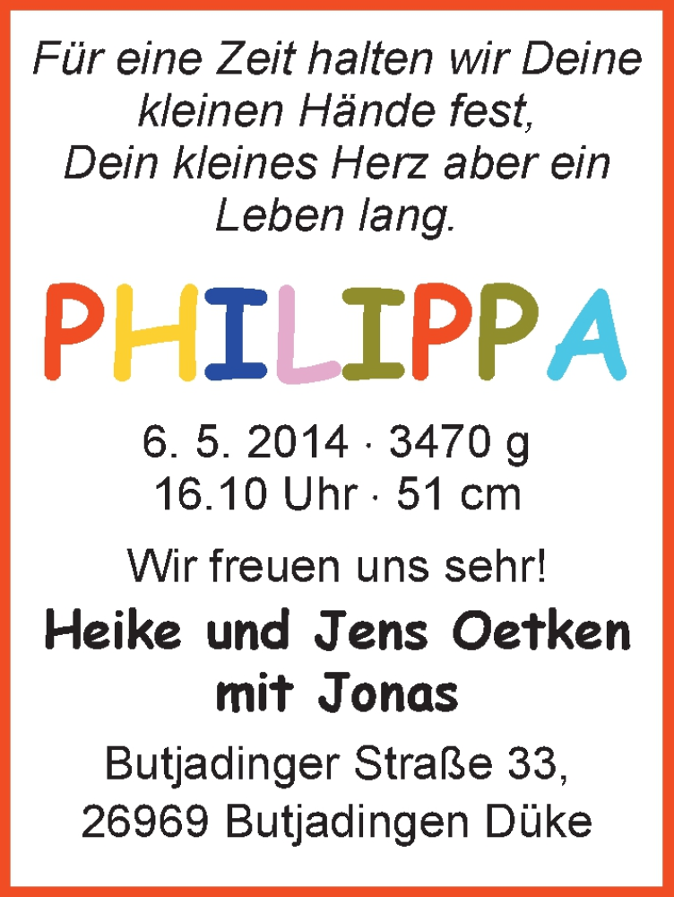 Anzeige für Philippa Oetken vom 21.06.2014 aus Nordwest-Zeitung