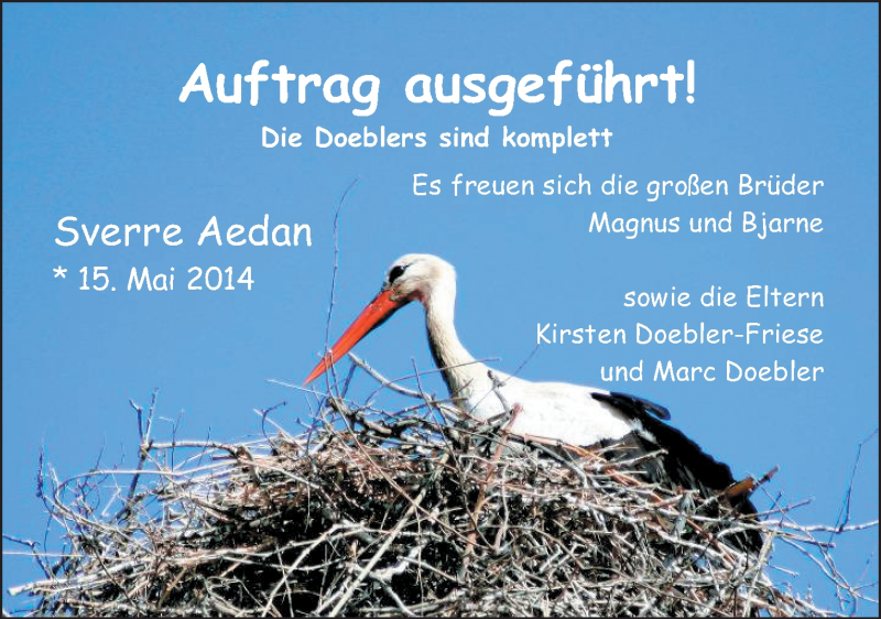 Anzeige für Sverre Aedan Doebler vom 28.06.2014 aus Nordwest-Zeitung
