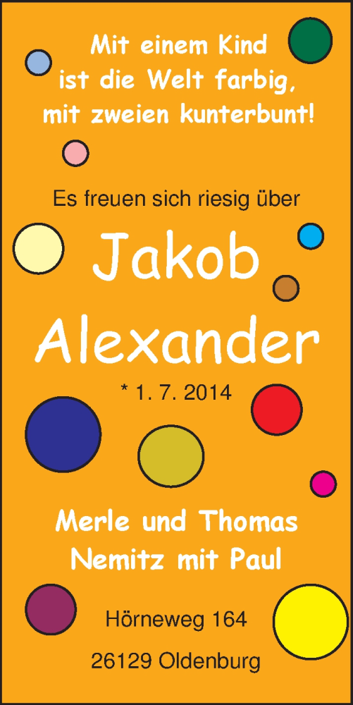 Anzeige für Jakob Alexander Nemitz vom 05.07.2014 aus Nordwest-Zeitung