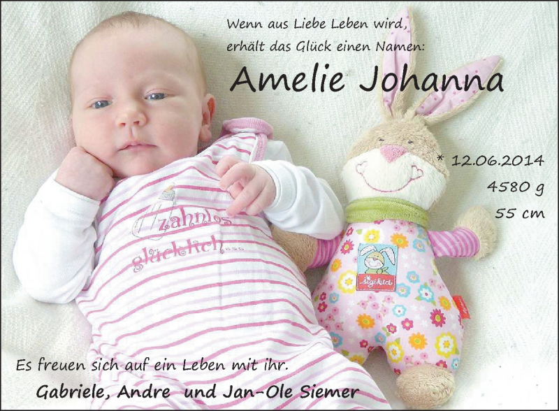 Anzeige für Amelie Johanna Siemer vom 05.07.2014 aus Nordwest-Zeitung