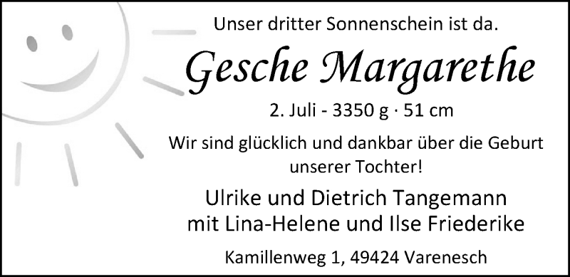 Anzeige für Gesche Margarethe Tangemann vom 05.07.2014 aus Nordwest-Zeitung