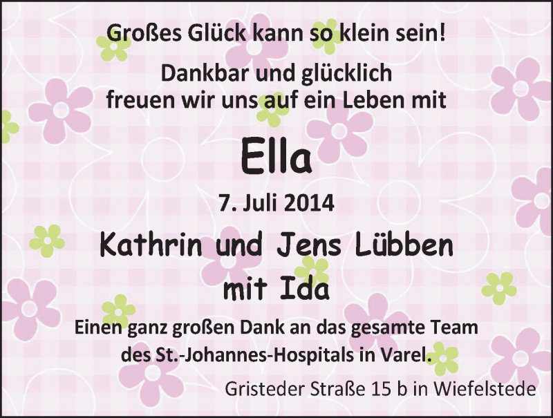 Anzeige für Ella Lübben vom 19.07.2014 aus Nordwest-Zeitung