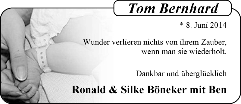 Anzeige für Tom Bernhard Böneker vom 19.07.2014 aus Nordwest-Zeitung