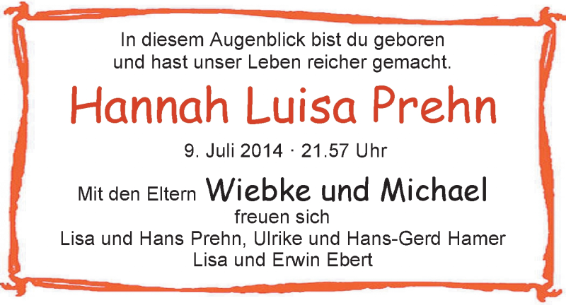 Anzeige für Hannah Luisa Prehn vom 26.07.2014 aus Nordwest-Zeitung