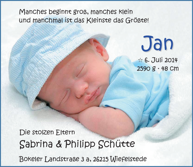 Anzeige für Jan Schütte vom 26.07.2014 aus Nordwest-Zeitung