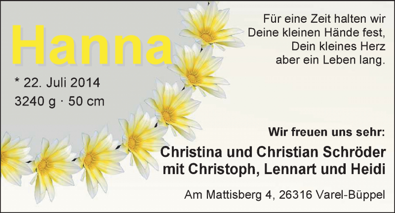 Anzeige für Hanna Schröder vom 02.08.2014 aus Nordwest-Zeitung