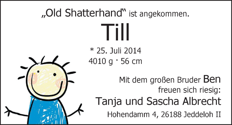 Anzeige für Till Albrecht vom 02.08.2014 aus Nordwest-Zeitung