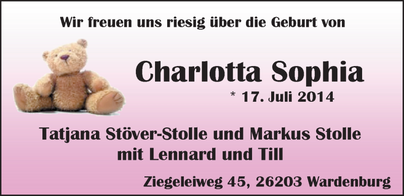 Anzeige für Charlotta Sophia Stolle vom 02.08.2014 aus Nordwest-Zeitung