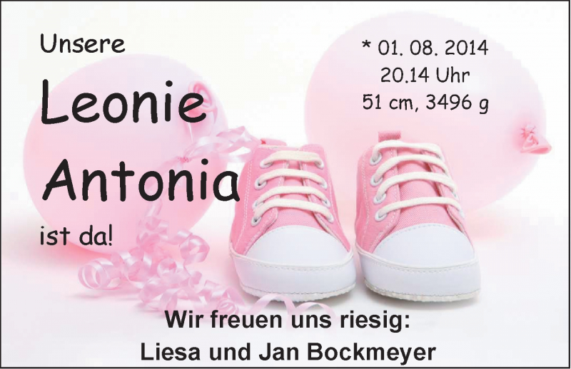 Anzeige für Leonie Antonia Bockmeyer vom 05.08.2014 aus Nordwest-Zeitung