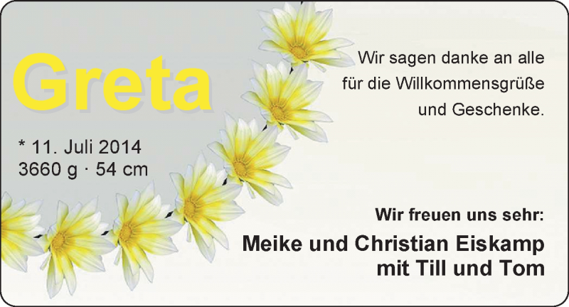 Anzeige für Greta Eiskamp vom 09.08.2014 aus Nordwest-Zeitung