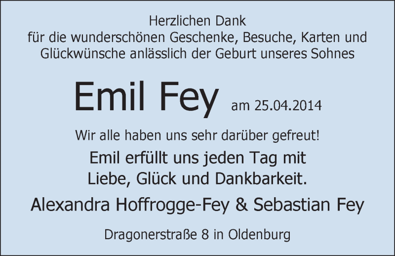 Anzeige für Emil Fey vom 09.08.2014 aus Nordwest-Zeitung