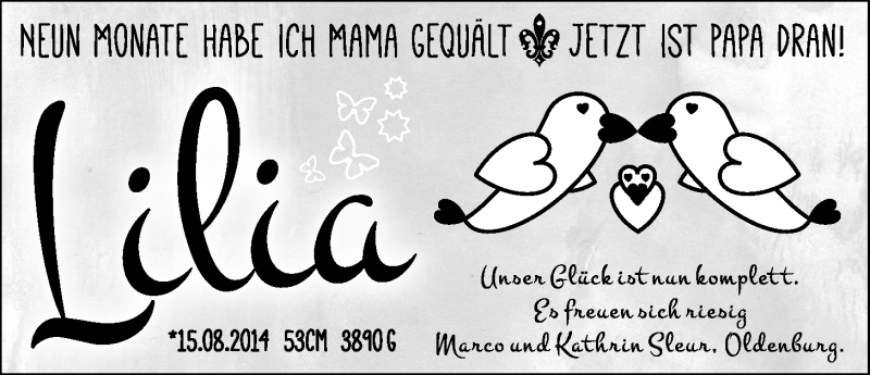 Anzeige für Lilia Sleur vom 21.08.2014 aus Nordwest-Zeitung