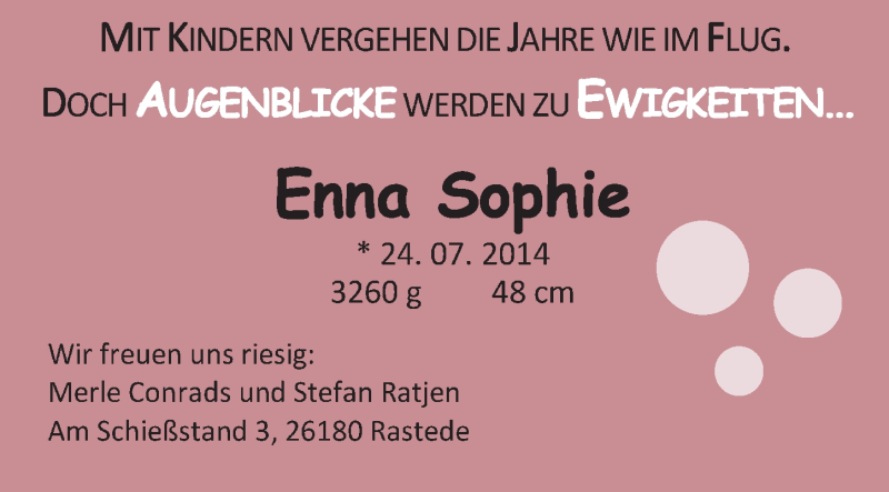 Anzeige für Enna Sophie  vom 30.08.2014 aus Nordwest-Zeitung