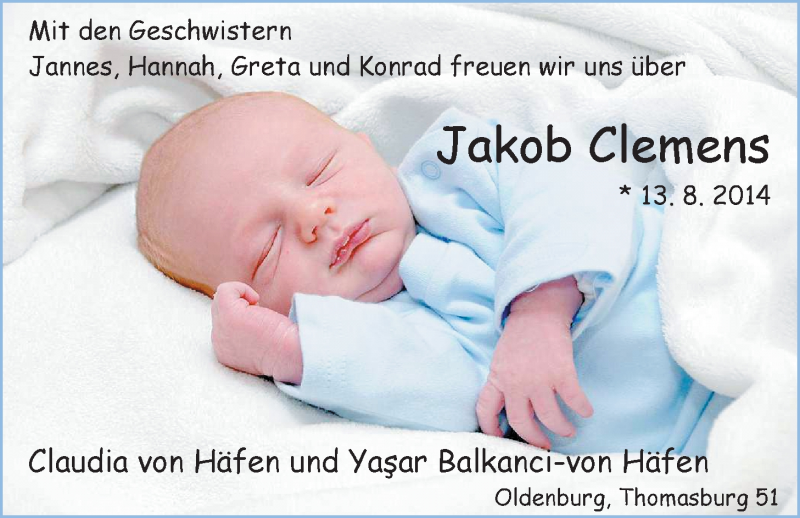 Anzeige für Jakob Clemens von Häfen vom 06.09.2014 aus Nordwest-Zeitung