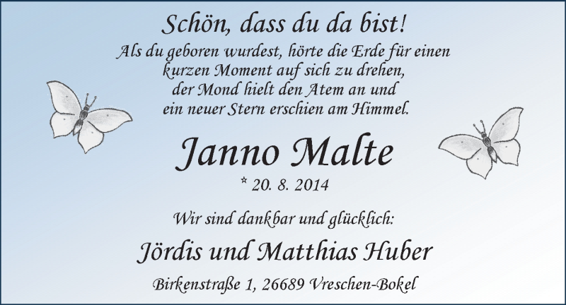 Anzeige für Janno Malte Huber vom 06.09.2014 aus Nordwest-Zeitung