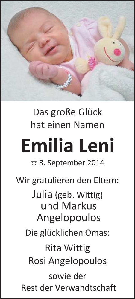Anzeige für Emilia Leni Angelopoulos vom 20.09.2014 aus Nordwest-Zeitung