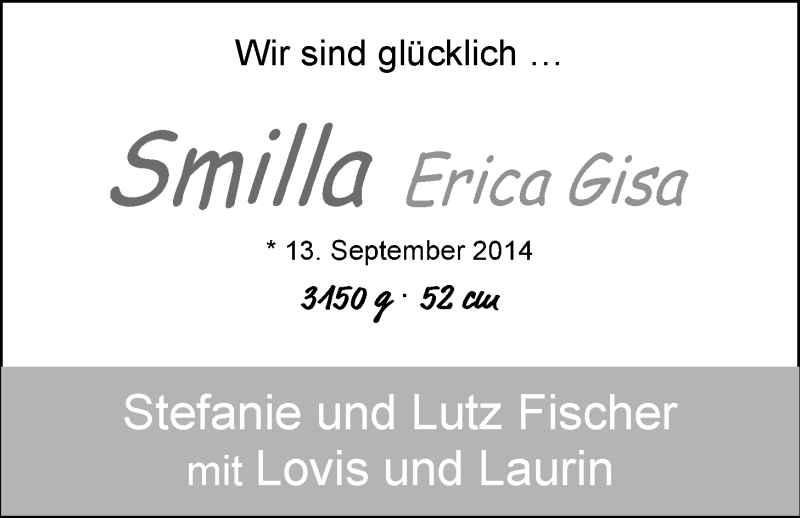 Anzeige für Smilla Erica Gisa Fischer vom 27.09.2014 aus Nordwest-Zeitung