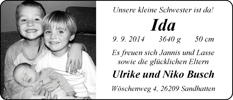 Anzeige für Ida Busch vom 27.09.2014 aus Nordwest-Zeitung