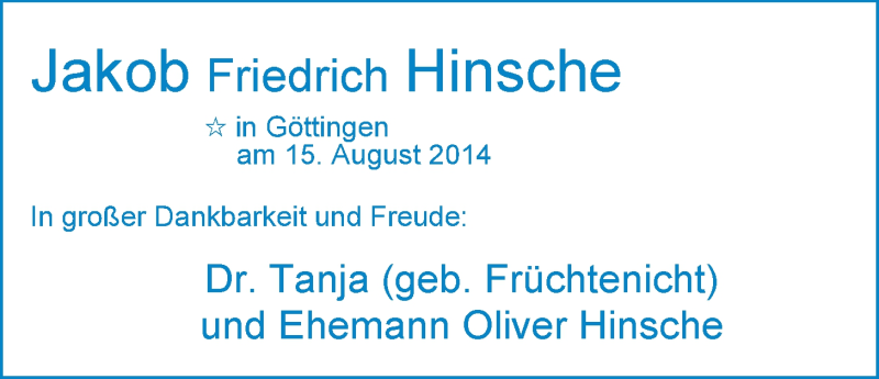 Anzeige für Jakob Friedrich Hinsche vom 04.10.2014 aus Nordwest-Zeitung