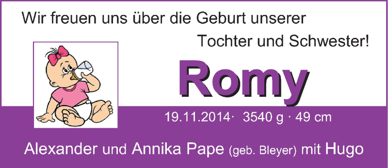 Anzeige für Romy  vom 06.12.2014 aus Nordwest-Zeitung
