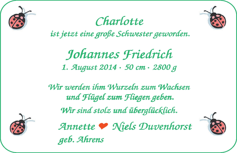 Anzeige für Johannes Friedrich Duvenhorst vom 06.12.2014 aus Nordwest-Zeitung