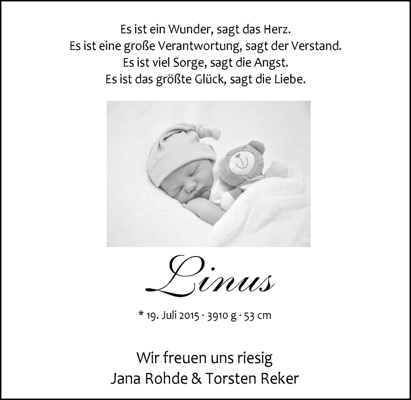 Anzeige für Linus  vom 05.09.2015 aus Nordwest-Zeitung