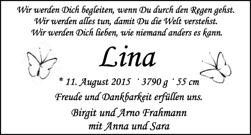 Anzeige für Lina Frahmann vom 19.09.2015 aus Nordwest-Zeitung