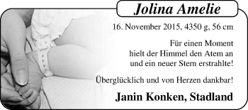 Babyanzeige von Jolina Amelie  von Nordwest-Zeitung