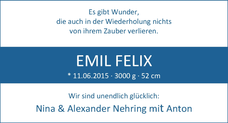 Anzeige für Emil Felix  vom 11.07.2015 aus Nordwest-Zeitung