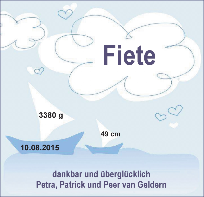 Anzeige für Fiete van Geldern vom 29.08.2015 aus Nordwest-Zeitung