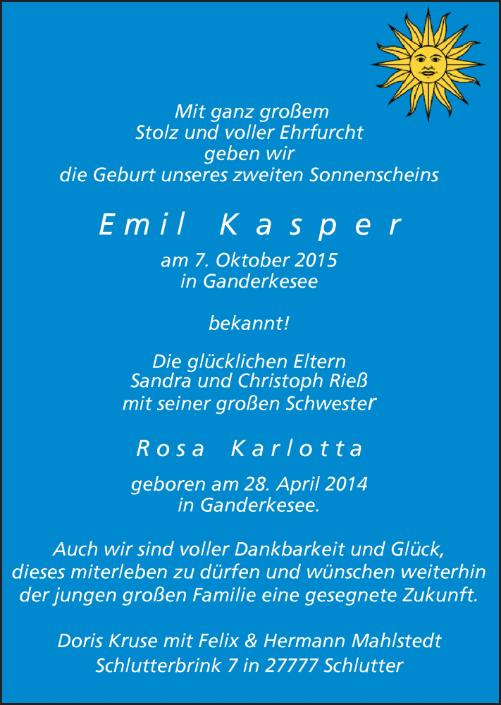Anzeige für Emil Kasper  vom 28.10.2015 aus Nordwest-Zeitung