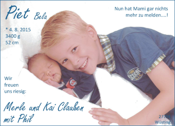 Babyanzeige von Piet Bela Claußen von Nordwest-Zeitung