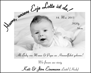Babyanzeige von Evje Lotte Einemann von Nordwest-Zeitung